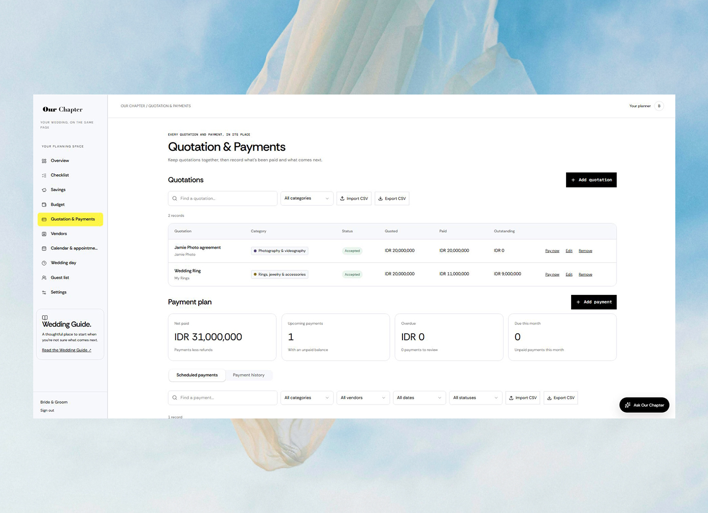 Our Chapter quotation and payments planner